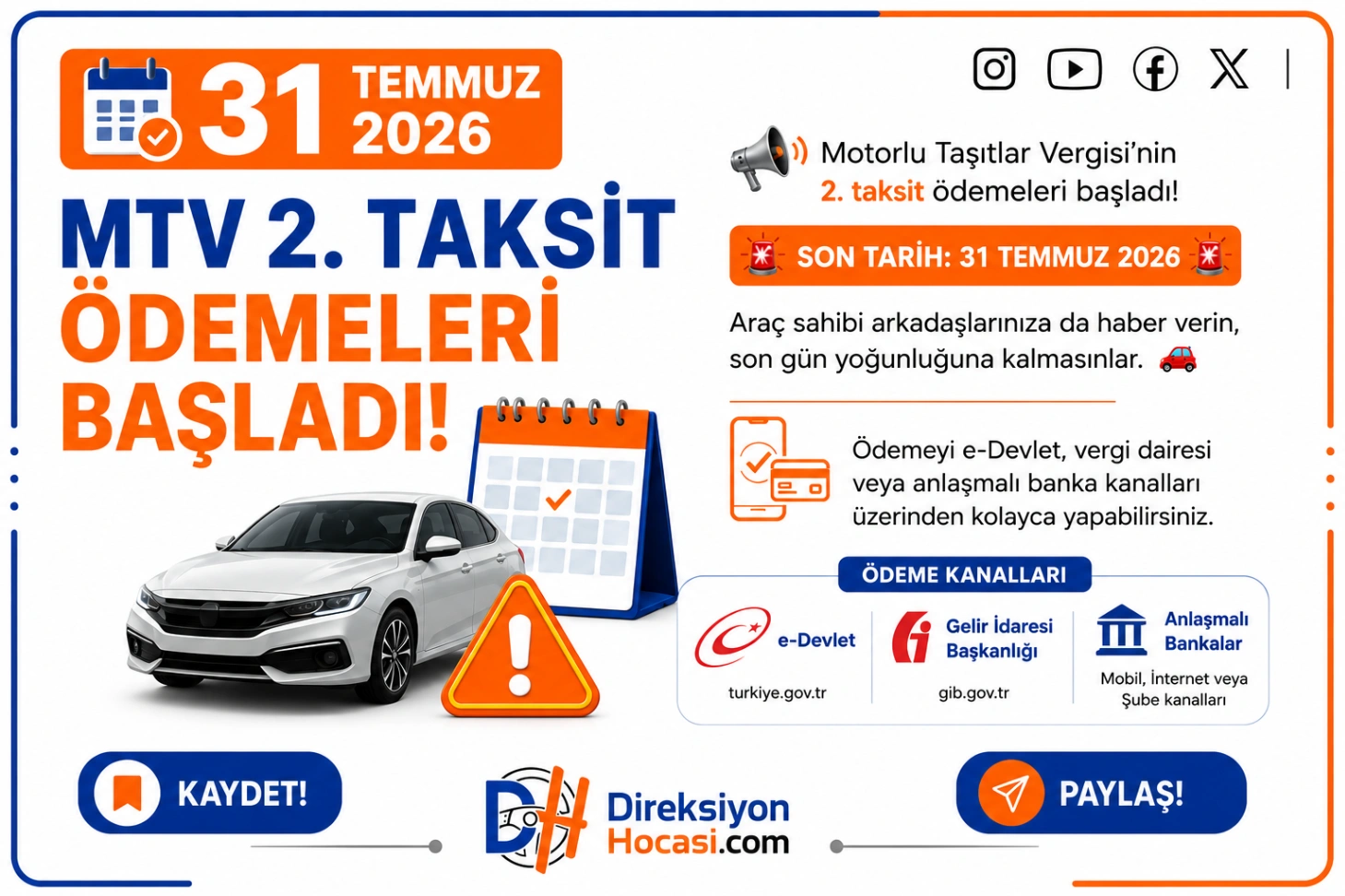 MTV 2. Taksit Ödemeleri Başladı: Son Gün 31 Temmuz 2026